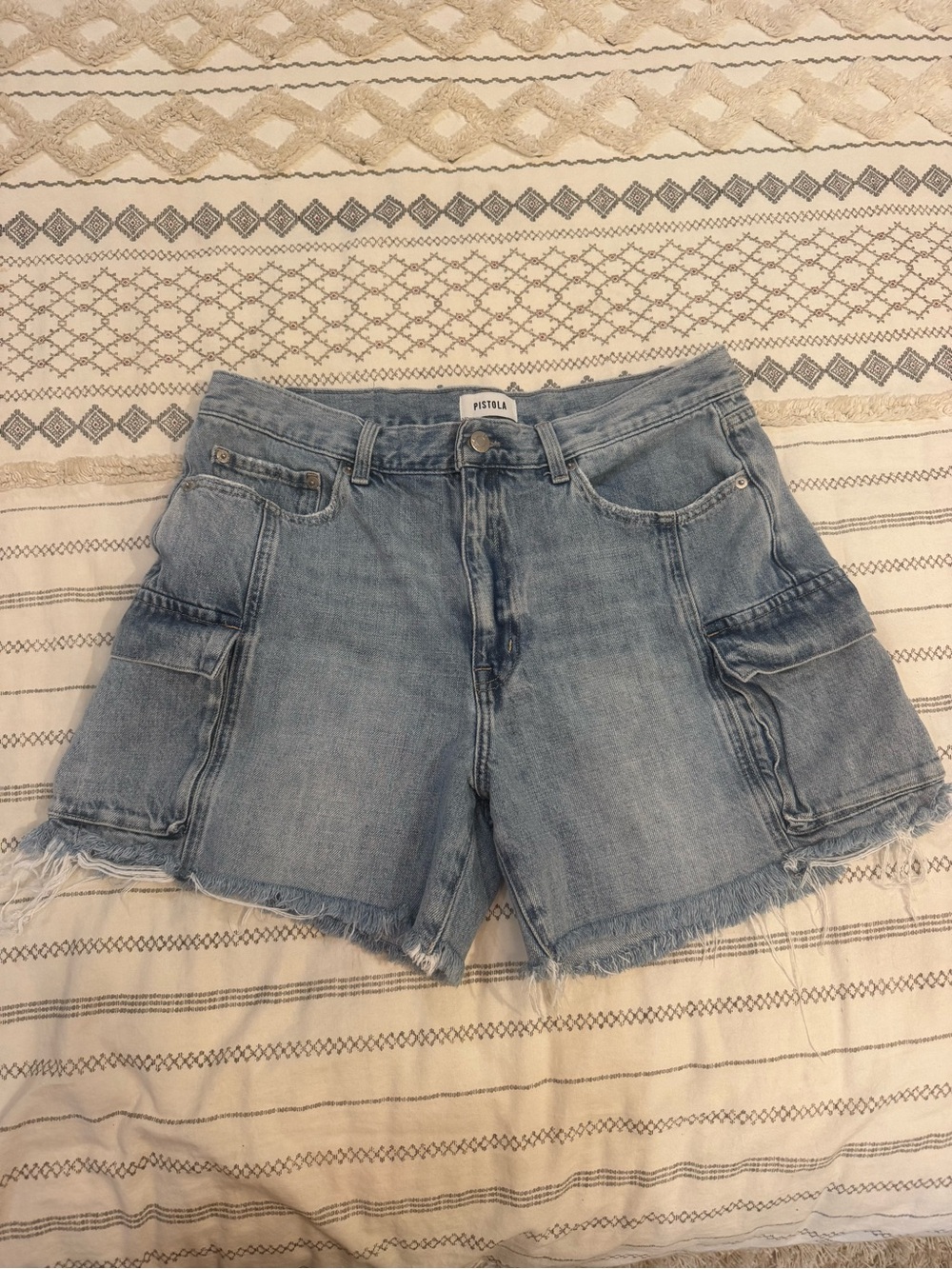 Pistola Light Wash Denim Cargo Shorts with Frayed Hem